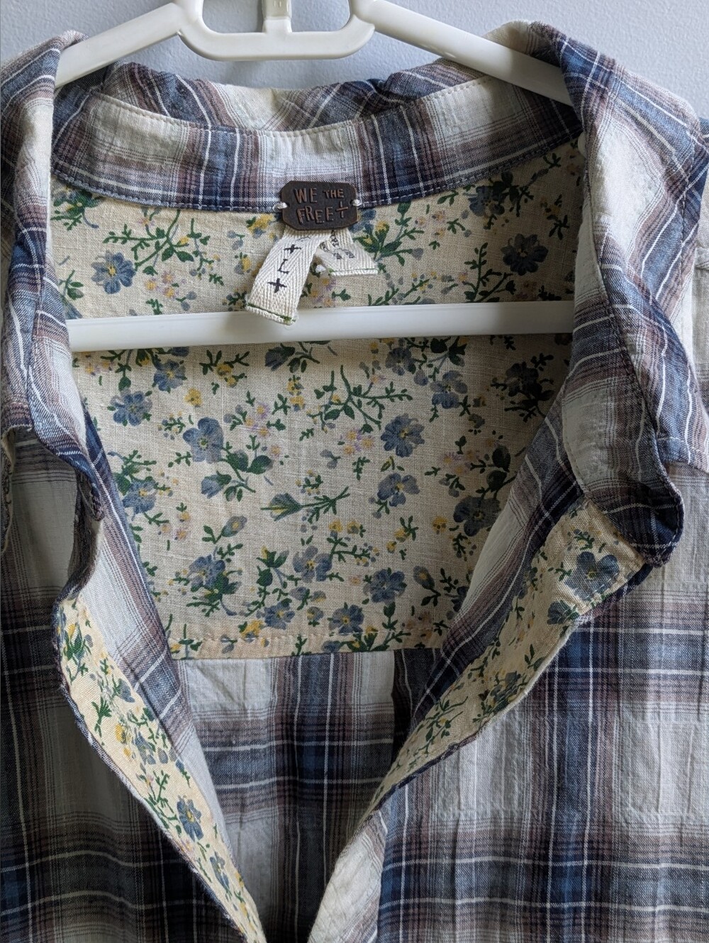 We The Free Oversized Cotton Plaid Top with Floral Accents Size L/XL/XXL